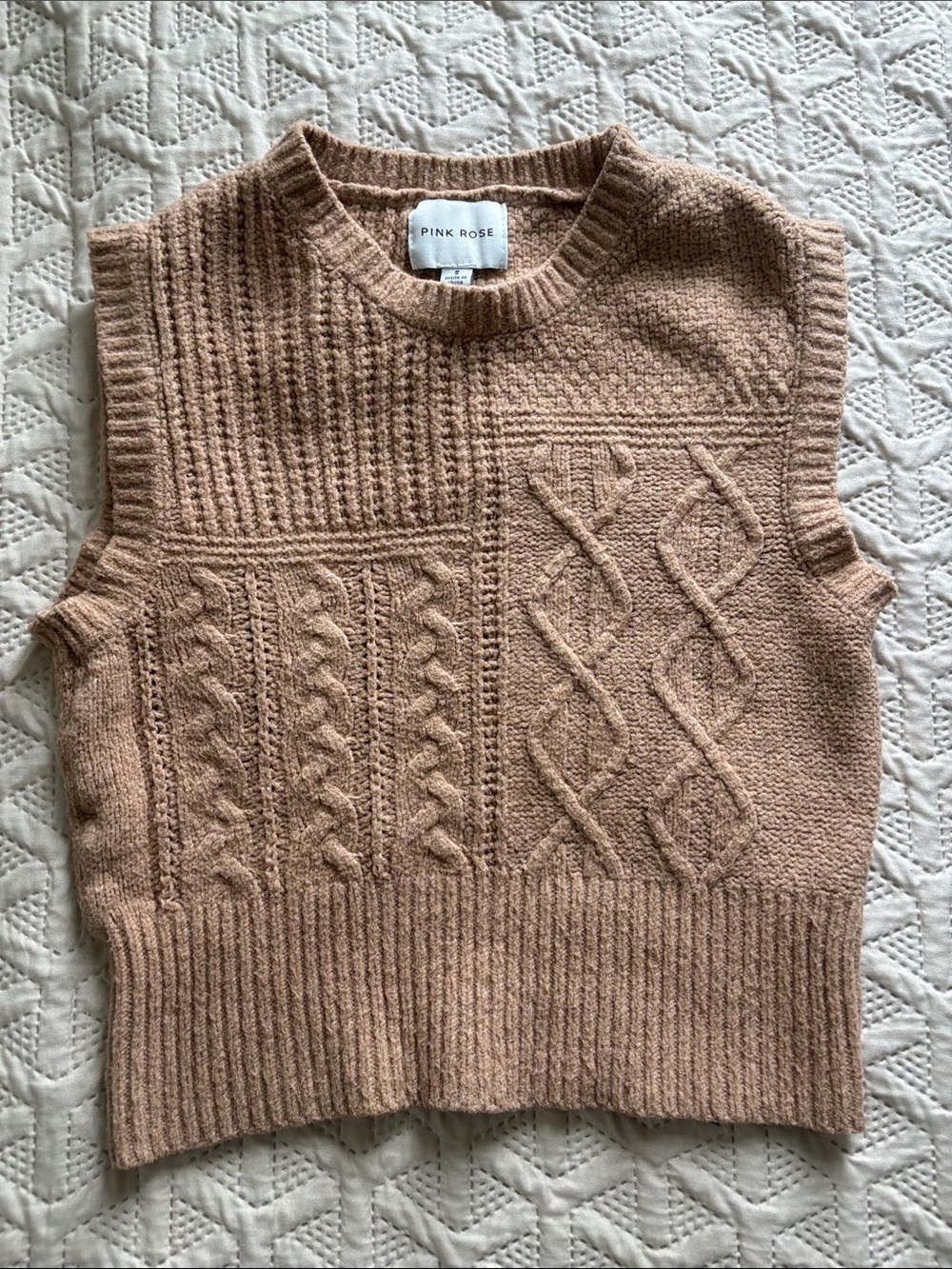 Tan Cable Knit Sleeveless Sweater Vest